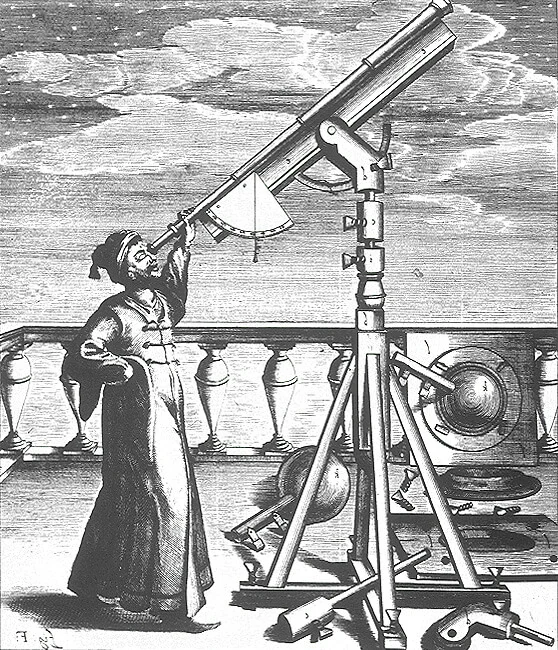 Galileusz z teleskopem obserwujący niebo
