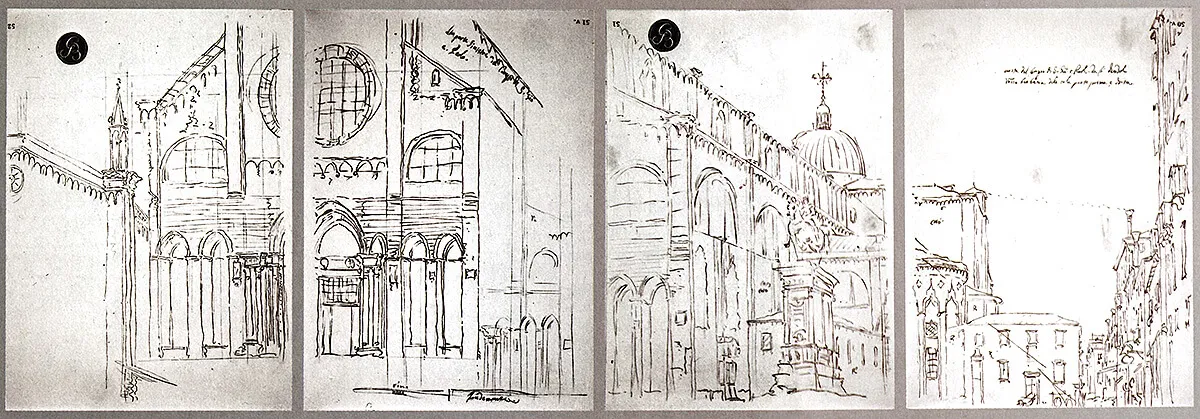 4 rysunki Canaletta, przedstawiające Campo San Giovanni e Paolo w Wenecji