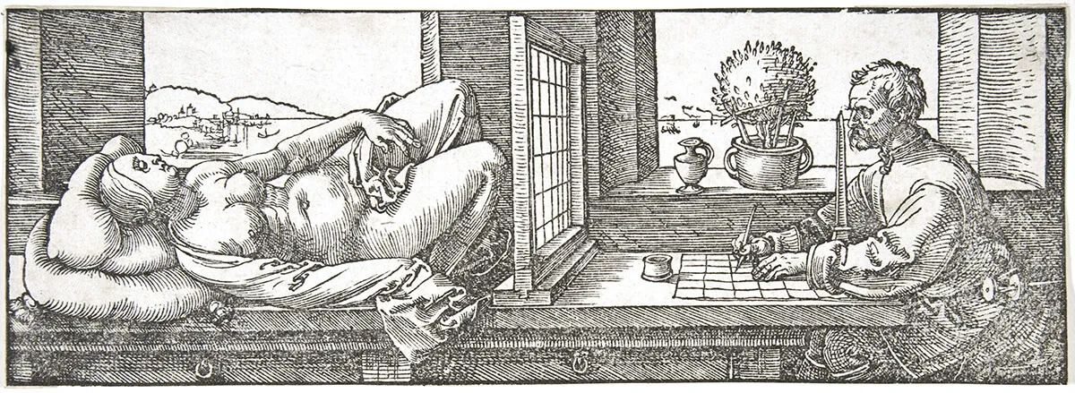 Albrecht Dürer, rysownik tworzący perspektywiczny rysunek leżącej kobiety, ok. 1600 r.